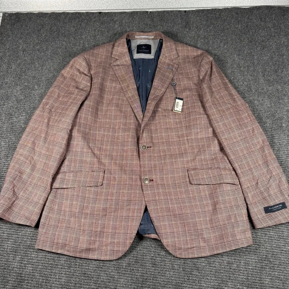 Tailorbyrd Sport Coat Mens 48R Red New Plaid Linen Blend Blazer 2 Button 5378